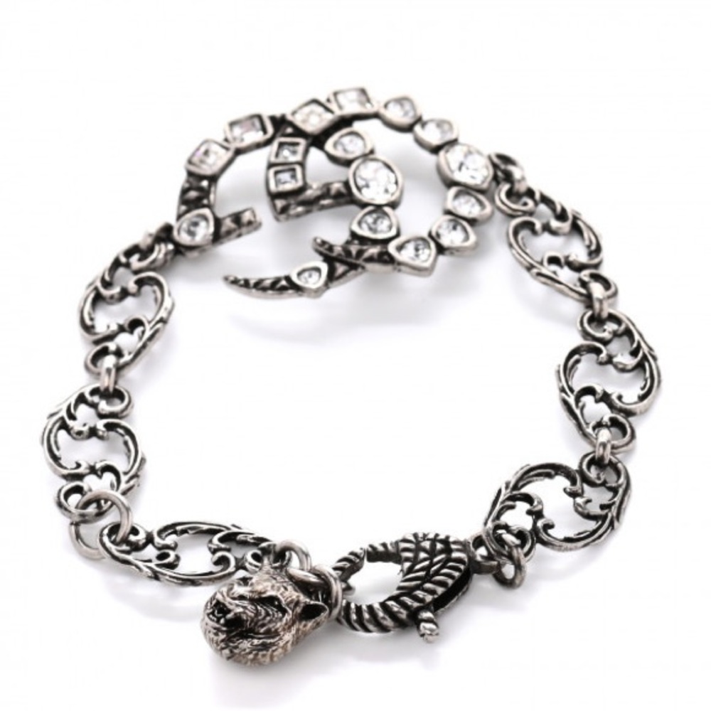 This is an authentic GUCCI Oxidized Palladium Crystal DoubleG Bracelet in Silver